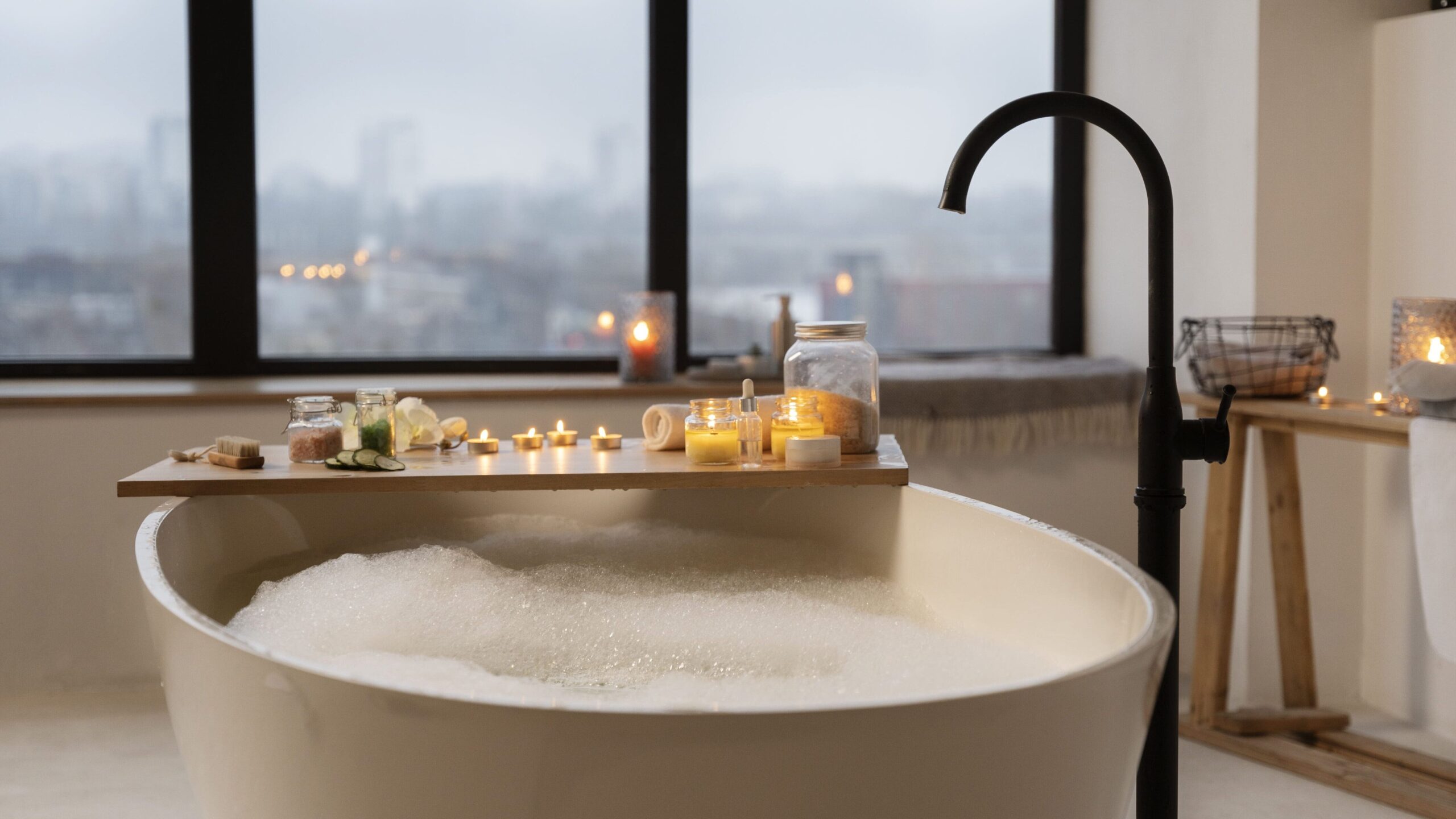 Freestanding bathtub filled with bubbles, candles on a wooden tray, and a city view through large windows